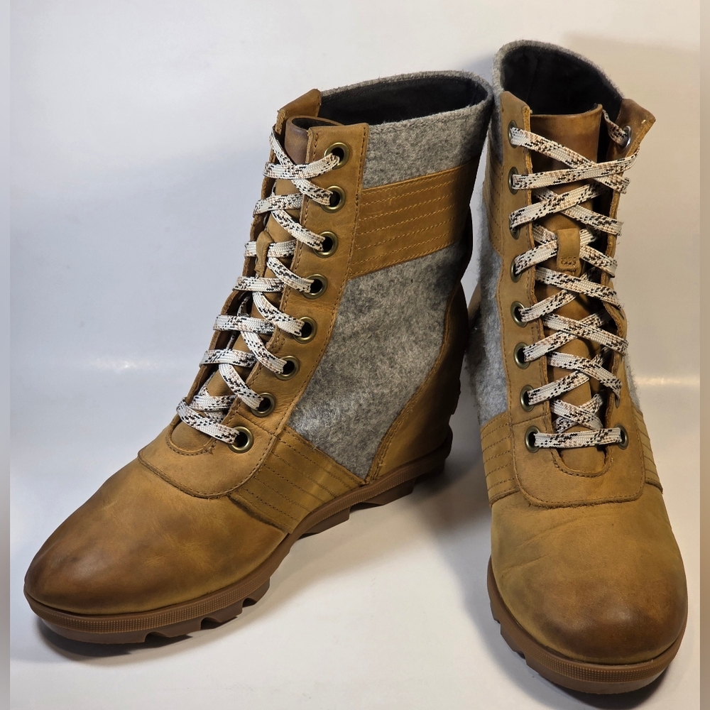 Sorel Women's 10 PDX Lace up Hidden Wedge Heel Lexie Elk Tan Brown Grey  Boots - Picture 6 of 13